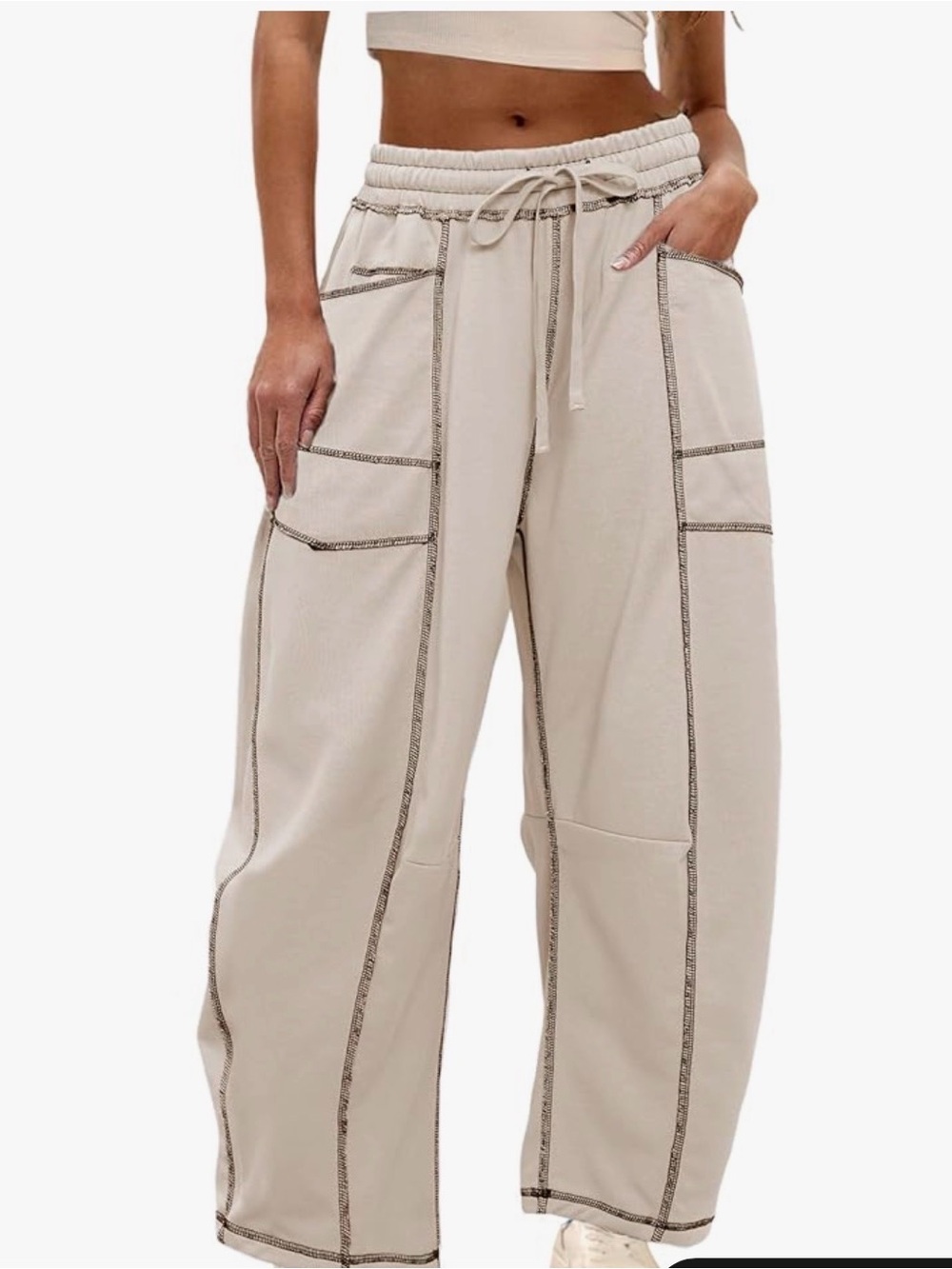 Casual Men’s Cream Drawstring Pants with Contrast Stitching